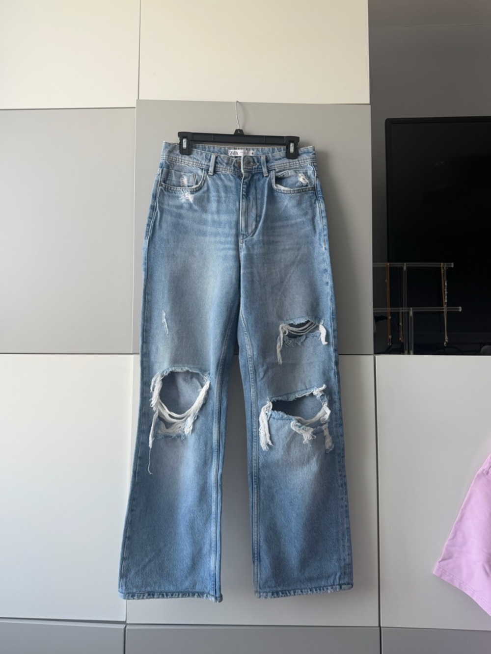 Zara Light Blue High-Rise Distressed Wide-Leg Jeans
